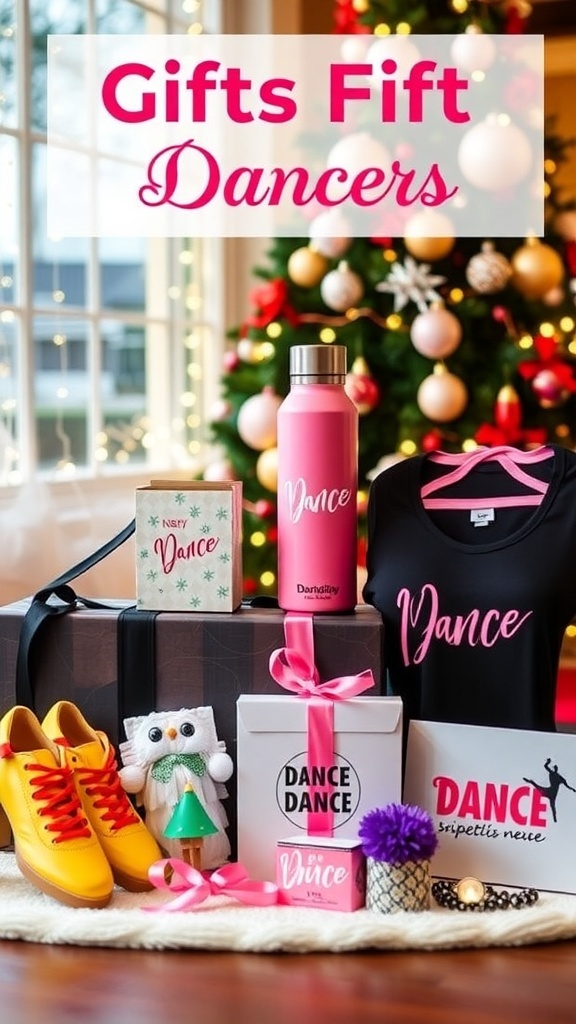 A festive display of Christmas gifts for dancers, including shoes, apparel, and accessories.